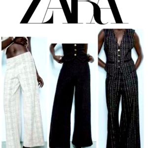 NWT ZARA Jacquard Textured Wide Leg Pants. Black and Black/White Striped